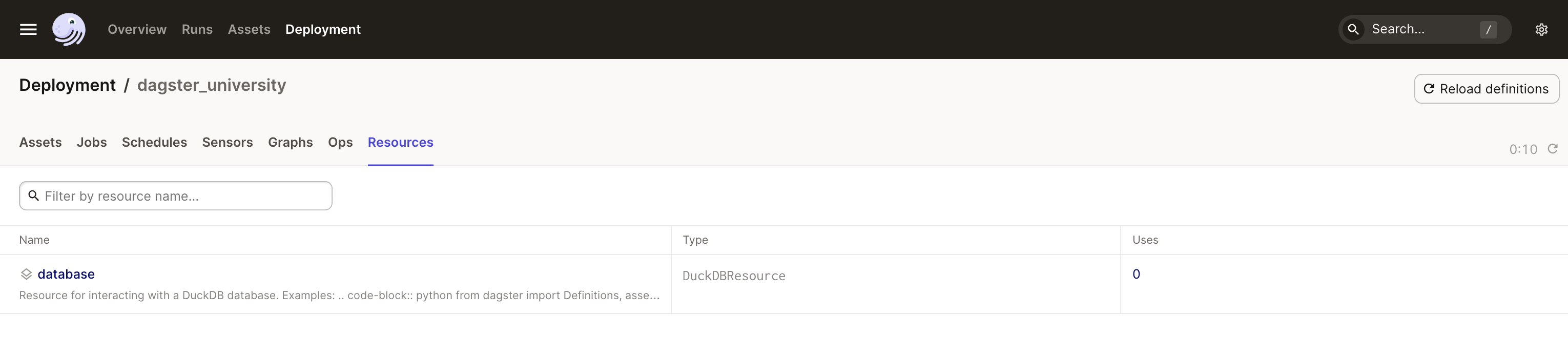 The Resources tab in the Dagster UI, showing the `database` resource for the `dagster_university` code location